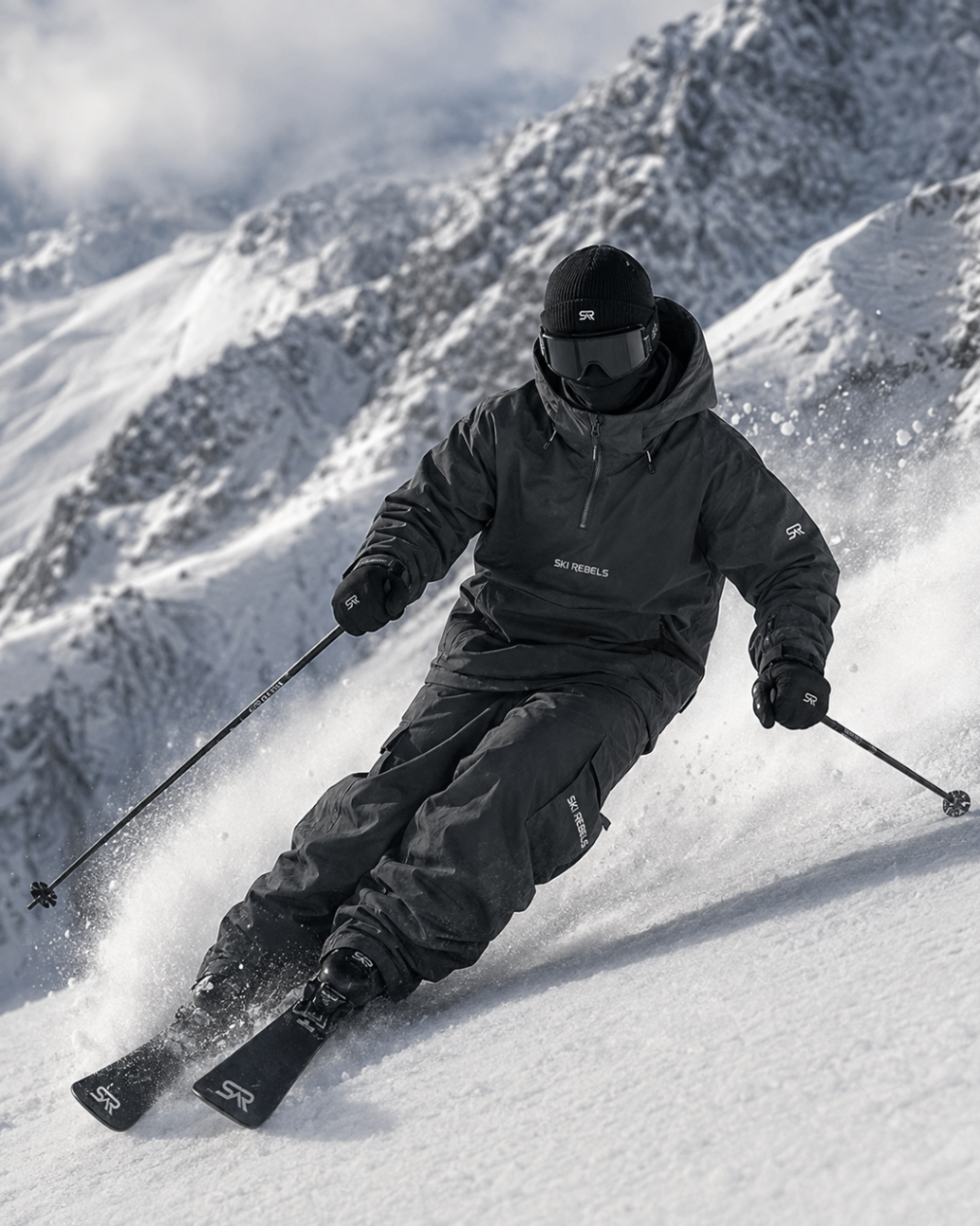 Ski Rebels rider carving deep powder in full Drop 001 outerwear